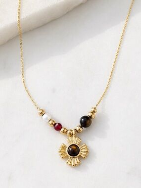 New Gold plated Sunburst Pendant Necklace w genuine tigers eye and fresh pearl